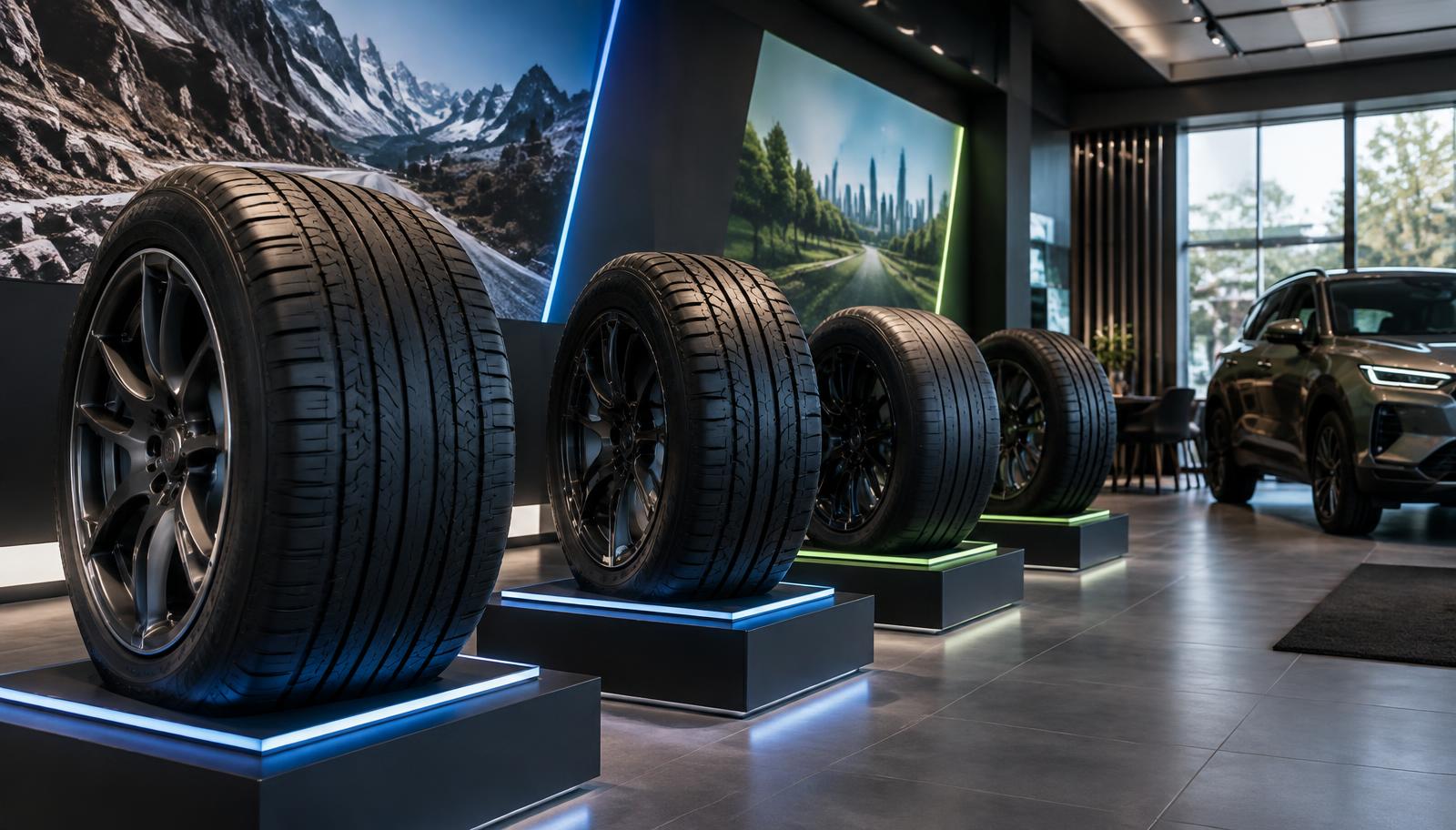 Illustrative tyre showroom premium zone with large SUV and EV tyres on illuminated plinths, feature wall graphics and an SUV in the background