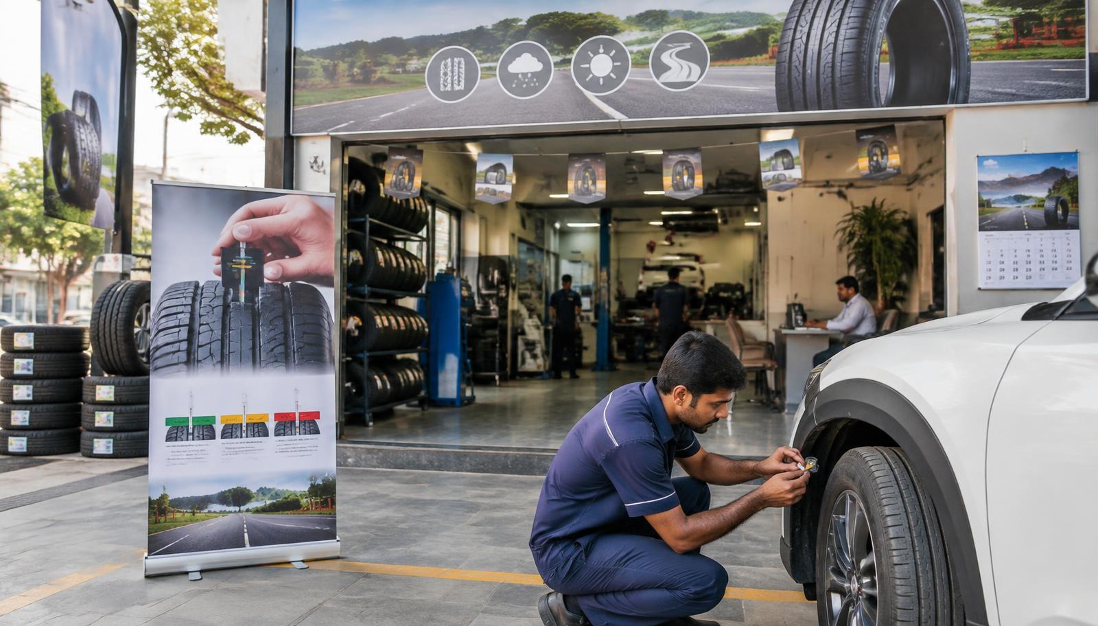 Illustrative tyre dealer outlet with campaign banners, a tread depth check standee and a technician inspecting a car tyre with a gauge