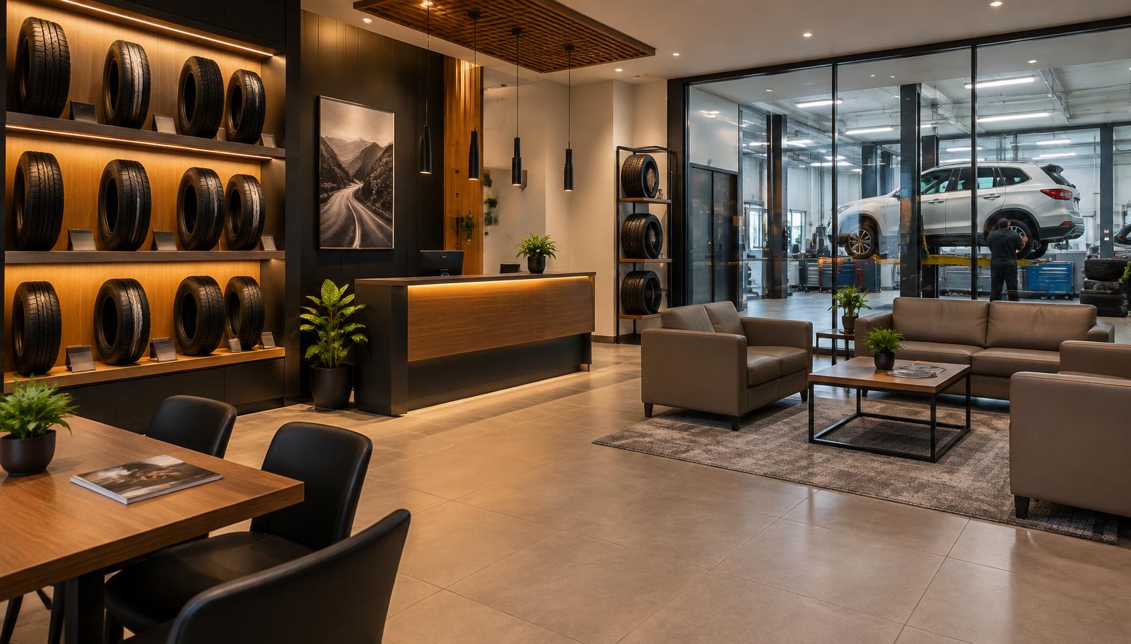 Illustrative premium tyre dealership interior with lit tyre display wall, welcome counter, customer lounge and glass view into the service bay