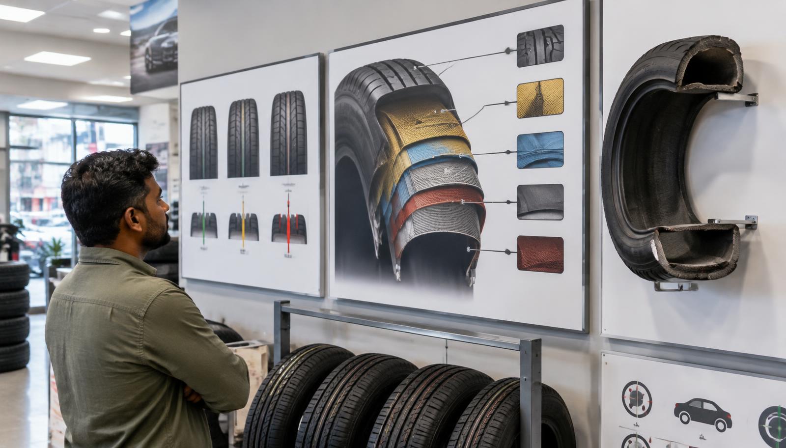 Illustrative tyre shop wall with educational panels showing tyre layers and tread depth diagrams, a cutaway tyre sample and a customer reading