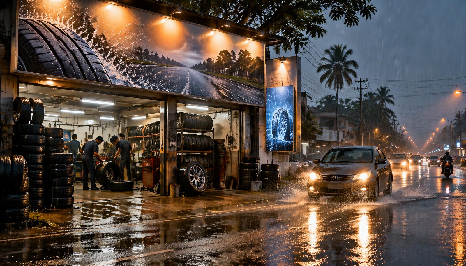 Illustrative roadside tyre shop in monsoon rain with glowing fascia, rain-themed tyre graphics and a car splashing through water