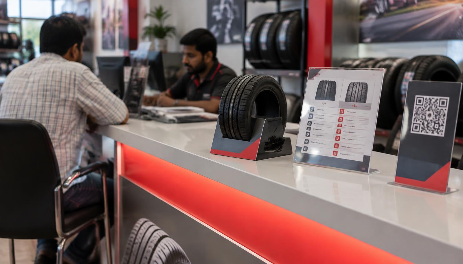 Illustrative tyre dealership counter with a tyre sample stand, comparison card holder, QR code standee and backlit red counter front panel
