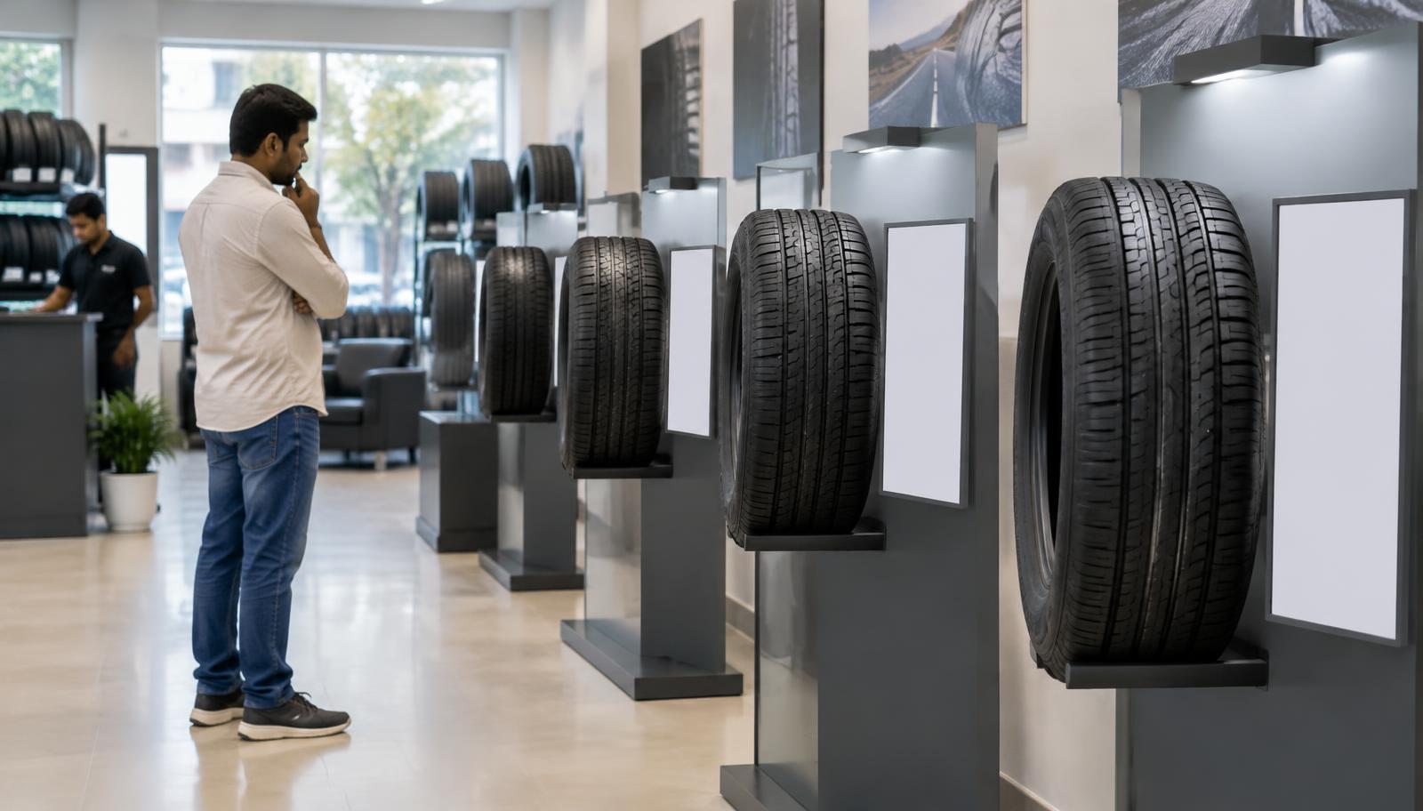 Illustrative tyre shop with a row of modular display stands, each holding one tyre at eye level beside a blank information panel