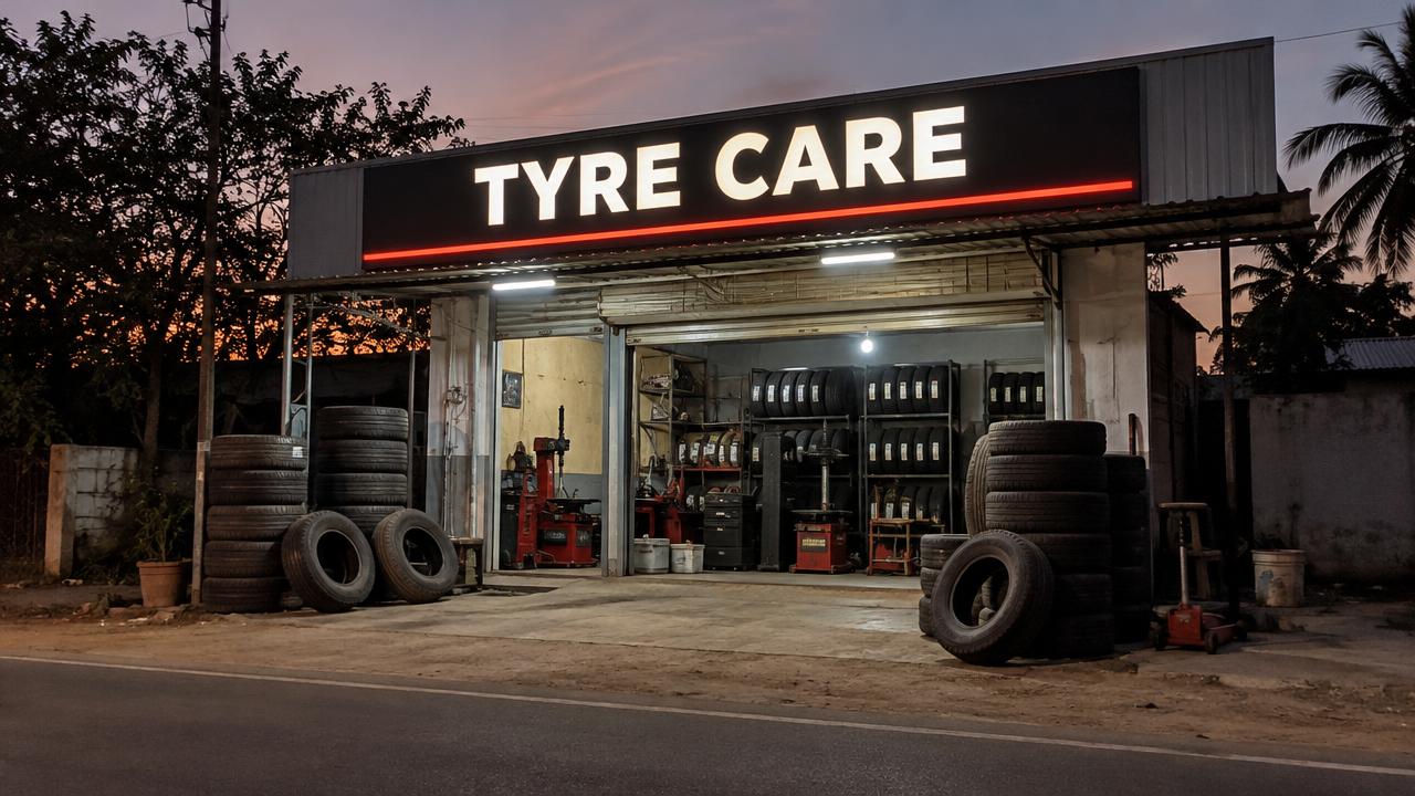 Illustrative concept: roadside independent tyre shop at dusk with an illuminated TYRE CARE fascia sign
