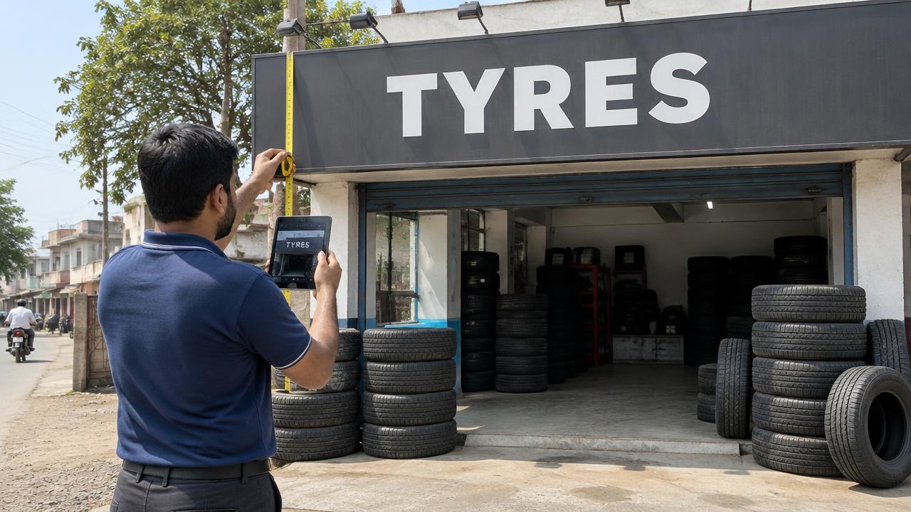 Illustrative concept: a surveyor measuring and photographing the fascia signboard of an Indian tyre dealer shop with a tablet and measuring tape