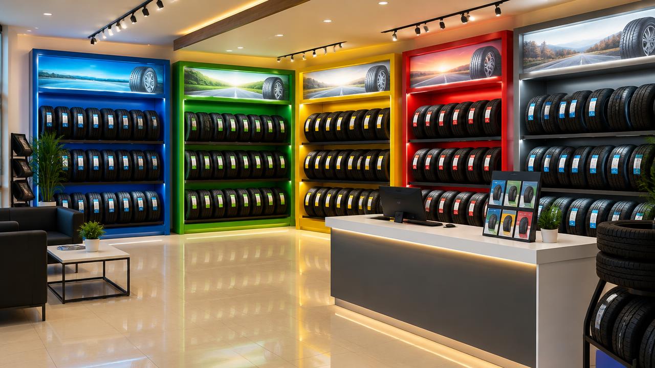 Illustrative concept: multi-brand tyre dealer shop interior with colour-coded brand zones on tyre racks and a service counter