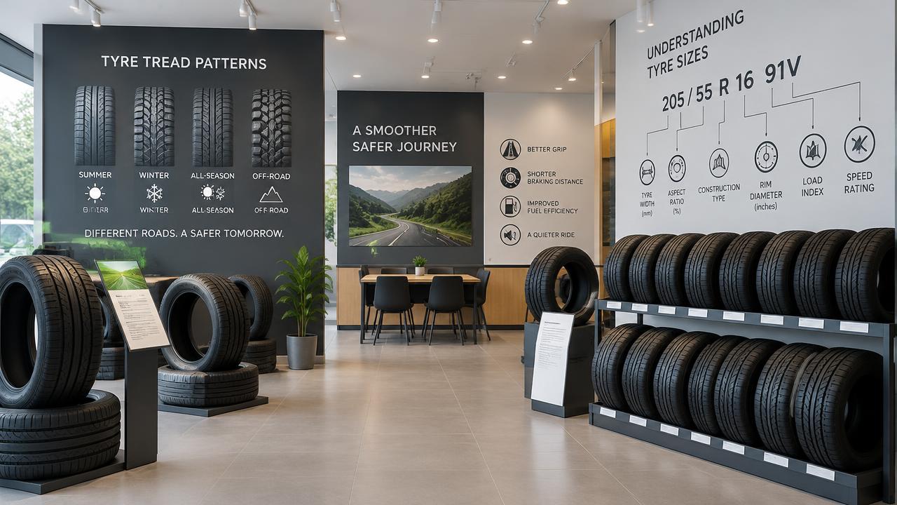 Illustrative concept: modern tyre retail showroom interior with tyre displays and educational wall graphics