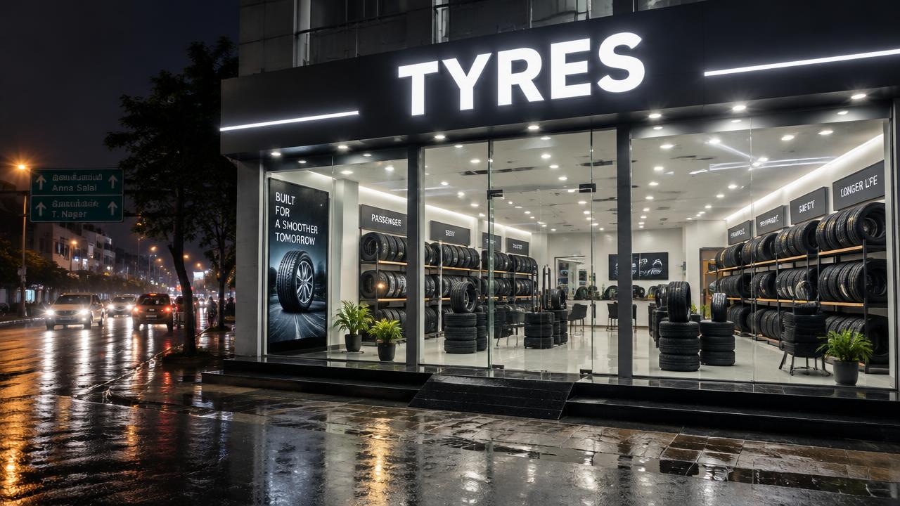 Illustrative concept: modern tyre showroom exterior at night with illuminated LED fascia letters